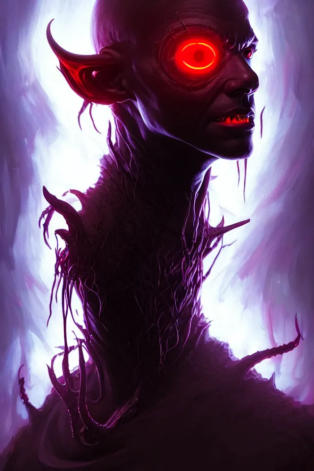 Image similar to a striking portrait of a pitch black eldritch shaman with sinister red eyes by moebius and ross tran and artgerm, trending on artstation, digital art, 4 k resolution, detailed, high quality, sharp focus, hq artwork, insane detail, volumetric lighting, character concept art, fine details