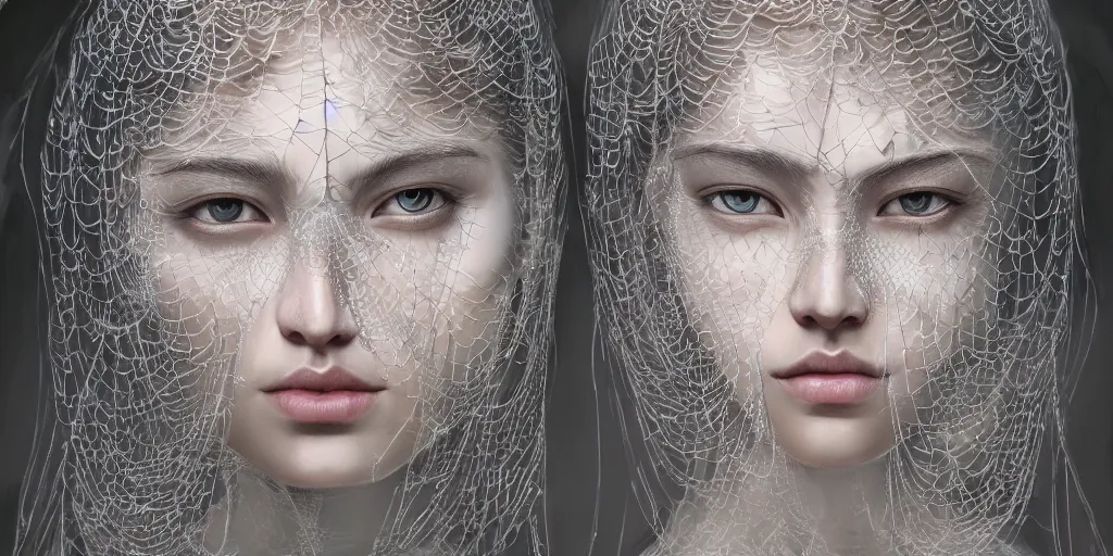 Prompt: hyperrealistic photography of a highly detailed and symmetrical gorgeous nordic female covered with luminous spiderwebs in the style of jin kagetsu, james jean and wlop, highly detailed, face symmetry, highly realistic hands, masterpiece, award - winning, sharp focus, intricate concept art, ambient lighting, 8 k, artstation