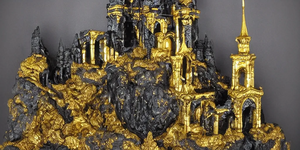 Image similar to ominous ornate obsidian castle with gold filigree on high cliffs with rivers and waterfalls of glowing melted gold. by tom bagshw and by ralph bakshin. power and beauity.