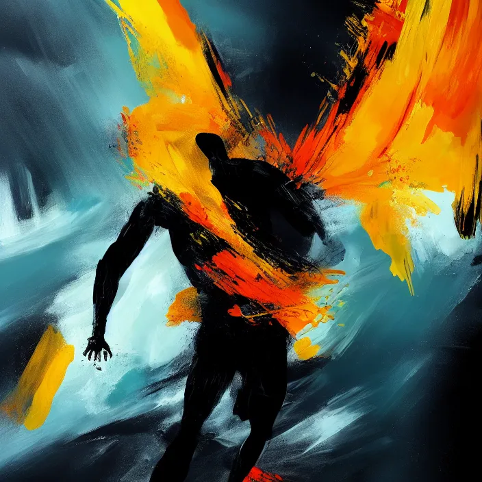 Image similar to a thin, athletic man's body explodes in abstract, thick flowing dramatic brush strokes, strong wind, black background, matte colors, impressionist, extreme motion, trending on artstation