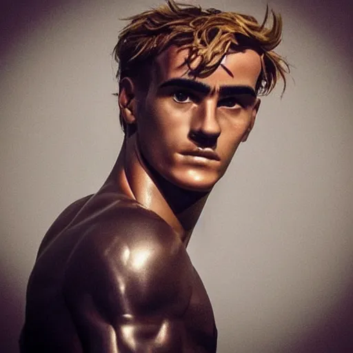 Image similar to “ a realistic detailed photo of a guy who is an attractive humanoid who is half robot and half humanoid, who is a male android, soccer player antoine griezmann, shiny skin, posing like a statue, blank stare, on the bed, on display ”