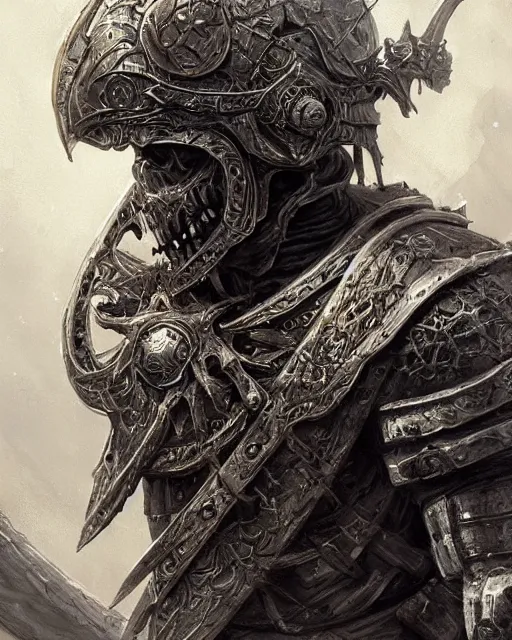 Image similar to skeletal warrior, intricate helm wielding a sword, hyper realistic, fantasy art, in the style of greg rutkowski, intricate, hyper detailed, smooth