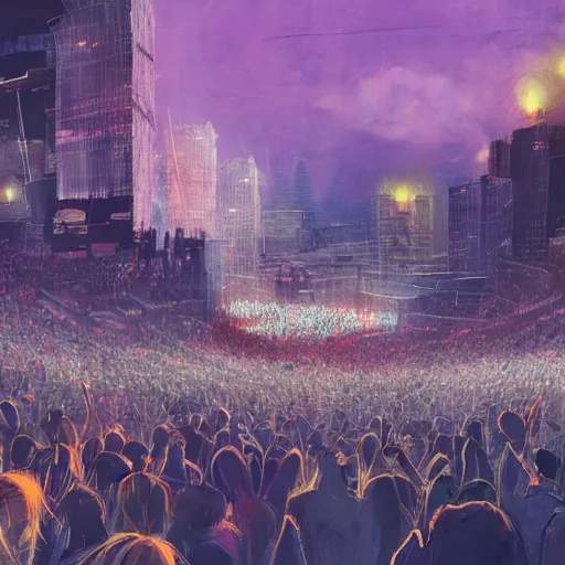 Prompt: concept art of a giant concert in a city at night