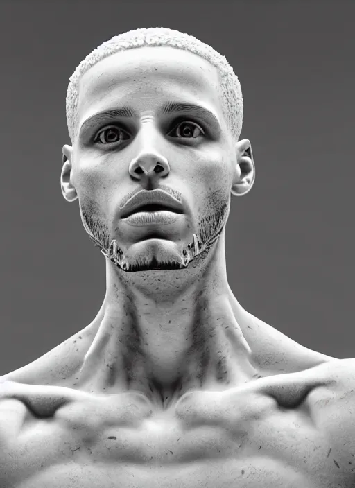 Image similar to a statue made of white marble with gold veins, of steph curry playing a modular synthesizer, transhumanism, full body shot, perfect symmetrical body, perfect symmetrical face, hyper realistic, hyper detailed, by johannen voss, by peter kemp, by monia merlo, by michelangelo, octane render, blender, 8 k