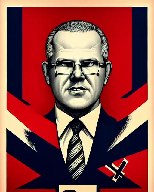 Image similar to scott morrison in the style of nazi communist propaganda poster art in the year 1 9 8 7 ultra realistic, concept art, intricate details, highly detailed, photorealistic, octane render, 8 k, unreal engine. art by artgerm and magali villeneuve