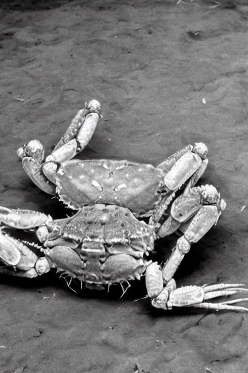 Prompt: a vintage photo of a human crab hybrid