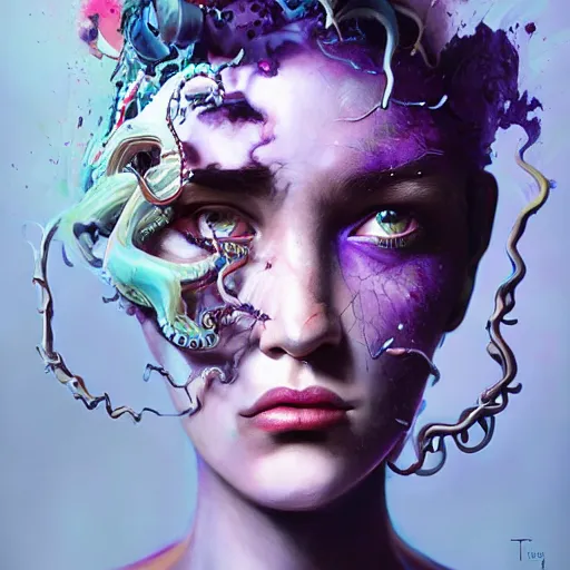 Image similar to art portrait of a furious girl with purple tentacles on her head, 8 k, by tristan eaton, stanley artgermm, tom bagshaw, greg rutkowski, carne griffiths, trending on deviantart, face enhance, hyper detailed, full of colour,