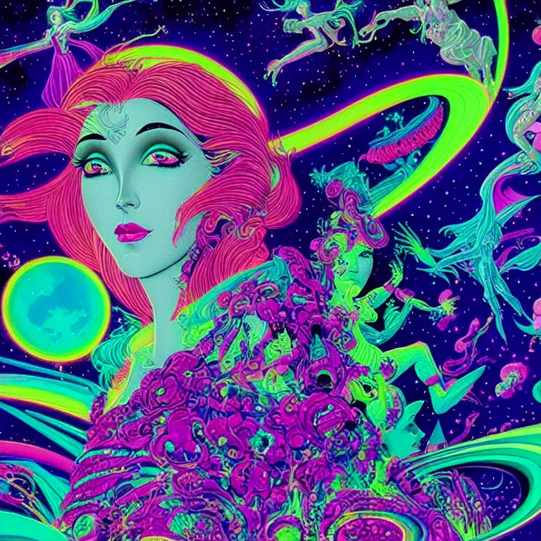 Prompt: cosmic maiden, medium close - up, infinite crystal ascent, bright neon colors, highly detailed, cinematic, eyvind earle, tim white, philippe druillet, roger dean, lisa frank, aubrey beardsley