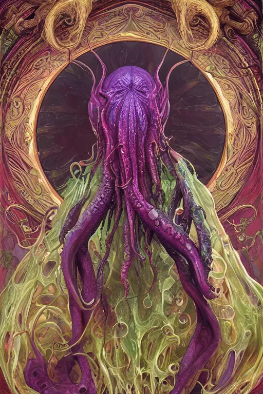 Image similar to psychedelic organic cthulhu mindflayer, gems jewels, diffuse lighting, fantasy, intricate, elegant, highly detailed, lifelike, photorealistic, digital painting, artstation, illustration, concept art, smooth, sharp focus, art by John Collier and Albert Aublet and Krenz Cushart and Artem Demura and Alphonse Mucha