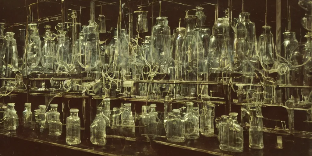 Prompt: color photograph of an old victorian laboratory with lots of human heads in glass jars connected by tubes