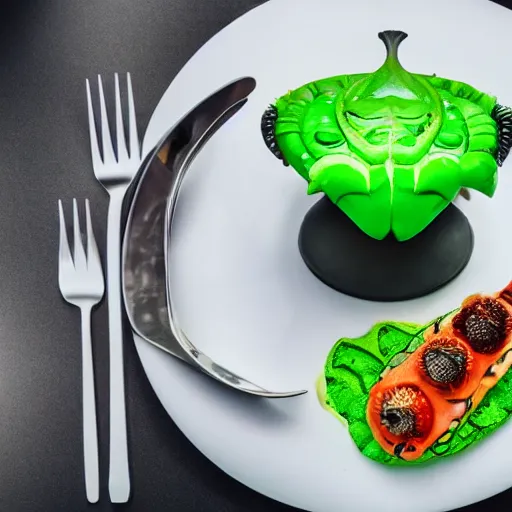 Image similar to alien food set in a futuristic restaurant, food photography, hyper-detailed