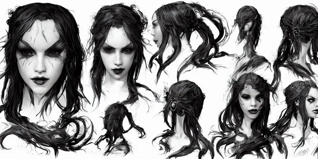 Image similar to gothic mermaid character face detail designs, Greg Rutkowski, character sheet, kim jung gi, Darek Zabrocki, Karlkka, Jayison Devadas, Phuoc Quan, trending on Artstation, 8K, ultra wide angle, pincushion lens effect