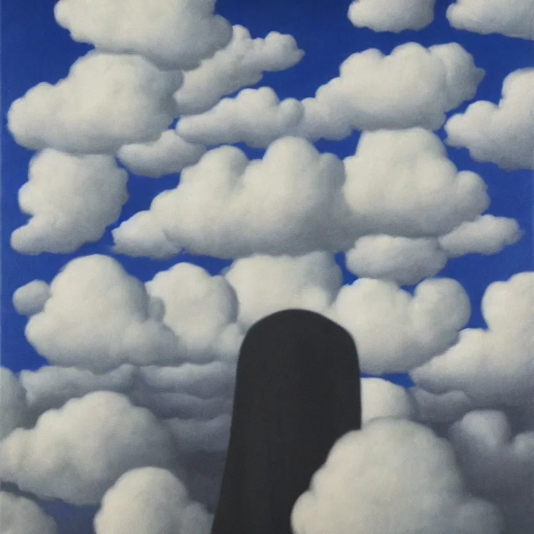 Image similar to portrait of a scary creepy ghost death, clouds in the background, by rene magritte, detailed painting, distance, middle centered, hd, hq, high resolution, high detail, 4 k, 8 k