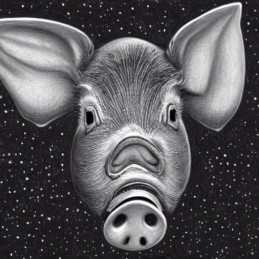 Image similar to pig face from nebula space, higher realistic, detailed, pencil drawing