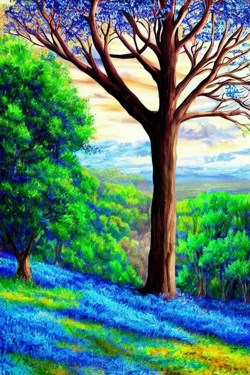 Image similar to giant!!! tree with blue leaves!! in the background!, fields in foreground, magical, fantasy, digital art, colorful, divine, painting