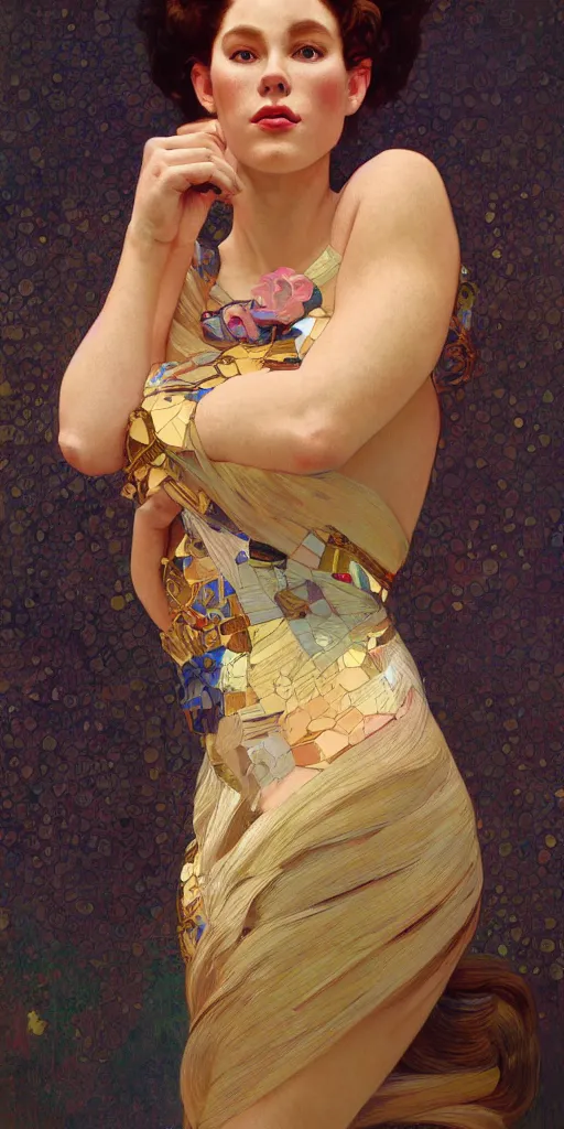 Image similar to modern woman | hyperrealistic | action pose | digital painting | trending on artstation | pinup portrait | clean | illustration | dressed | Unreal Engine 5 | 8k resolution | by Greg Rutkowski Alphonse Mucha Gustav Klimt and Mel Ramos