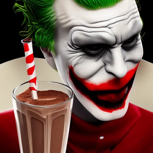 Image similar to Joker drinking a chocolate milkshake, hyperdetailed, artstation, cgsociety, 8k