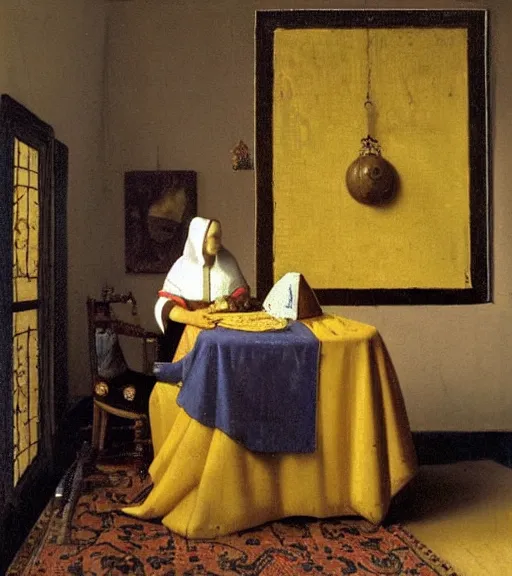 Image similar to portrait of a fortune teller automata by Vermeer