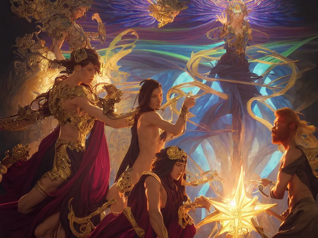 Prompt: painting of powerful stylish sorcerer and a cleric banishing shadow creatures with a rainbow spell, ultra realistic, concept art, intricate details, eerie, highly detailed, photorealistic, octane render, 8 k, unreal engine. art by artgerm and greg rutkowski and magali villeneuve and alphonse mucha