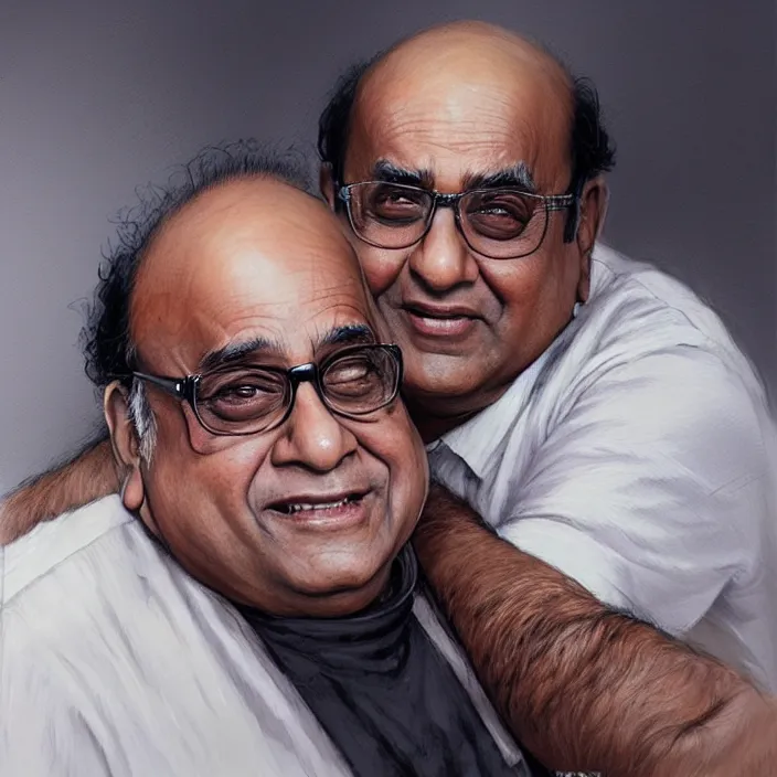 Image similar to portrait of tall indian man hugging danny devito, elegant, real life skin, intricate artwork, high detailed, artstation, concept art, smooth, sharp focus, art by artgerm and greg rutkowski