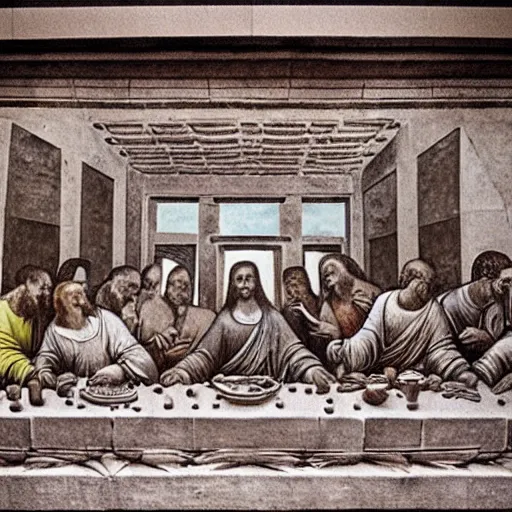 Image similar to on the wall of a stone temple, a large detailed stone carving of The Last Supper by Leonardo Da Vinci