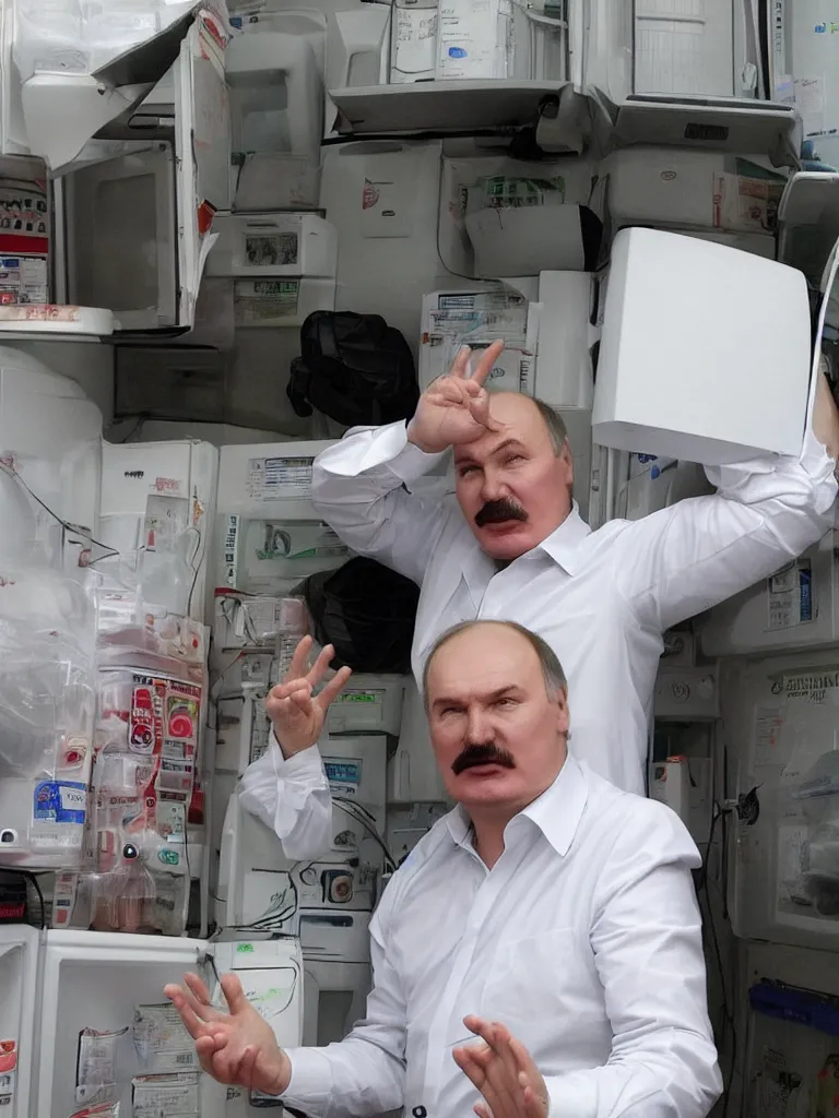 Prompt: lukashenka with stupid face tells there's no any viruses because it's a fridge near hospital with deaths