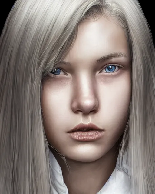 Image similar to portrait of 1 6 - year - old woman with dirty blonde hair down to her waist, pale eyebrows and protuberant silver eyes, wearing white shirt, hyper realistic face, beautiful eyes, character art, art by mark brooks, hyperdetailed, cryengine, trending on artstation, digital art