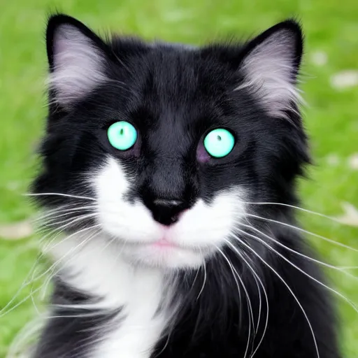 Prompt: a fluffy long-haired black and white kitty with round light green eyes and a black half-moustache, n 7