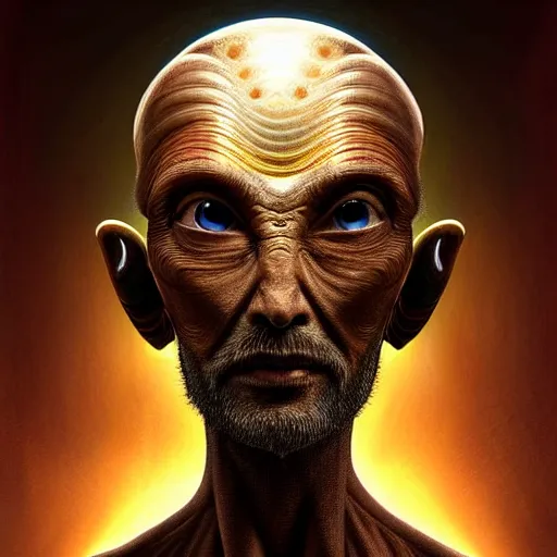 Image similar to stunning painting of wise man looks at mirror, see himself as an alien by concept art, character art, sci - fi, masterpiece, ultra detailed face and eyes, weird objects, cinematic, sharp focus, centered, 8 k hd resolution