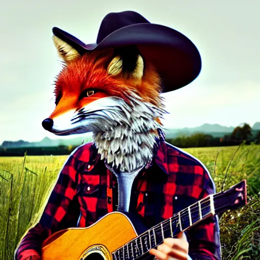 Image similar to a female fluffy anthropomorphic fox animal, head of fox, wearing cowboy hat, wearing plaid shirt, playing guitar, in a field, barn in background, album cover style