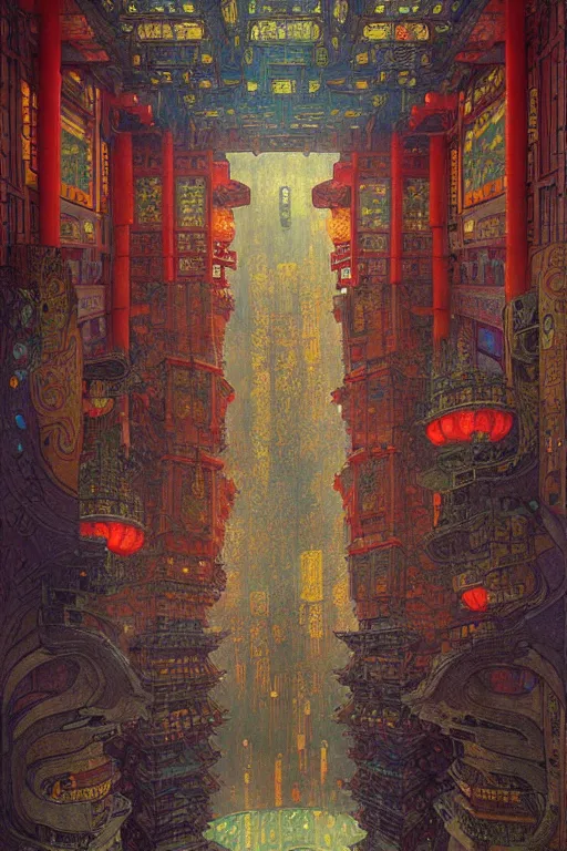 Prompt: cyberpunk chinese ancient castle, fantasy, painting by Gustav Klimt, greg rutkowski and alphonse mucha