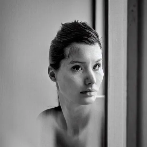 Image similar to black and white fashion photograph highly detailed portrait of a depressed beautiful 30 years old model woman standing by the window, natural light, rain, mist, lomo, fashion photography, film grain, soft vignette, sigma 85mm f/1.4 1/10 sec shutter