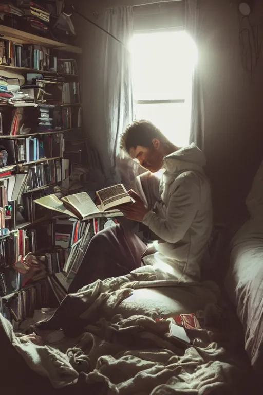 Prompt: a dramatic lighting photo of a guy reading a book in a cluttered messy 9 0 s bedroom, lofi, lo fi,