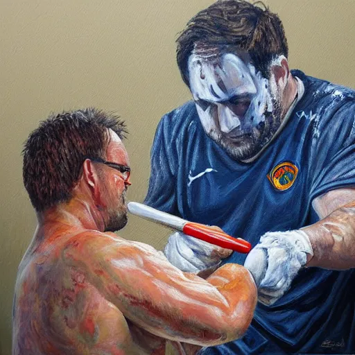 Image similar to a detailed painting of joel glazer being tarred and feathered