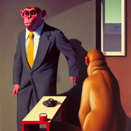 Prompt: Portrait of Mr. Monkey wearing a business suit , very coherent, painted by Edward Hopper, Wayne Barlowe, painted by James Gilleard, airbrush, art by JamesJean