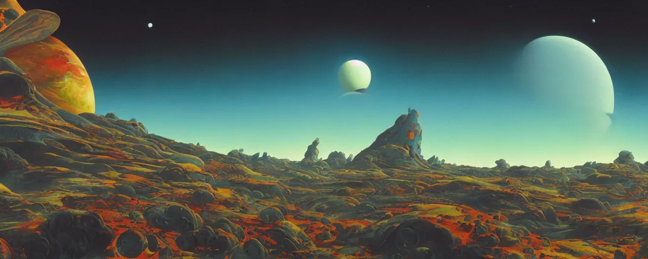 Image similar to outer planet landscape by roger dean, [ cinematic, epic, opening shot, establishing, mattepainting, 4 k ]