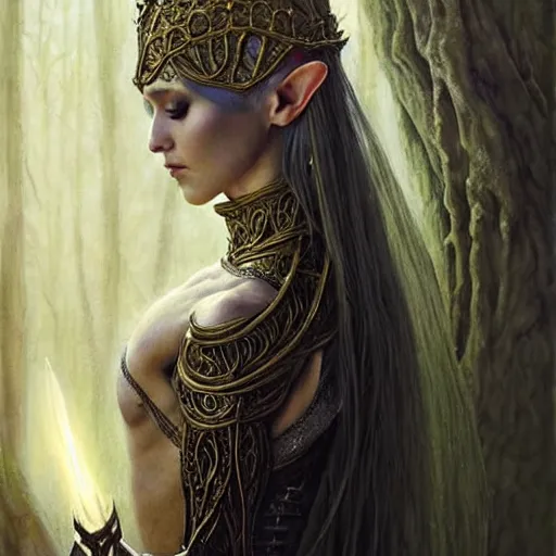 Prompt: A female Elf priestess, unique non conventional beauty, fantasy, intricate, elegant, dramatic lighting, emotionally evoking symbolic metaphor, highly detailed, lifelike, photorealistic, digital painting, concept art, smooth, sharp focus, illustration, art by John Collier and Albert Aublet and Krenz Cushart and Artem Demura and Alphonse Mucha