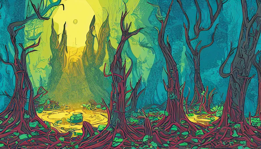 Image similar to alien ruins between gigantic red trees, colorful, vector style drawing