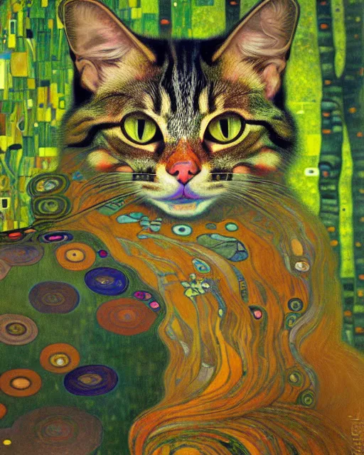 Image similar to wild forest cat portrait an oil painting splashes with many colors and shapes by gustav klimt greg rutkowski and alphonse mucha, polycount, generative art, psychedelic, fractalism, glitch art