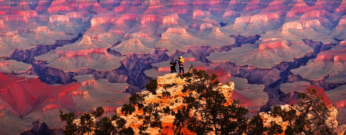 Image similar to Grand Canyon, night scenery, group of tourists and minivan standing at the edge and photographing a big neon-lit figure floating in the sky above the Grand Canyon, beautiful lighting, professional photography