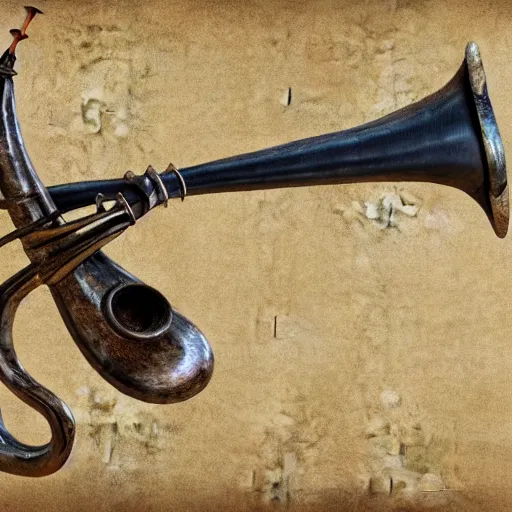 Image similar to a 3 d render of a medieval blowing horn, winding horn, animal horn, higly detailed, mystic, artwork