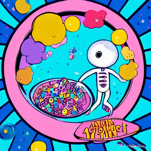 Image similar to dead astronaut floating in a bowl of colorful marshmallow cereal, in a hellish dimension of torment, by Lisa Frank