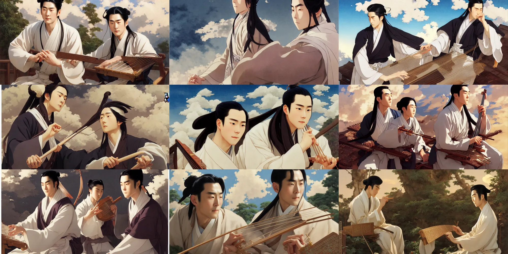 Prompt: lan wangji portrait playing zither mo zu dao shi, serene light, heavenly clouds, white and pure, peaceful, in the style of studio ghibli, j. c. leyendecker and greg rutkowski