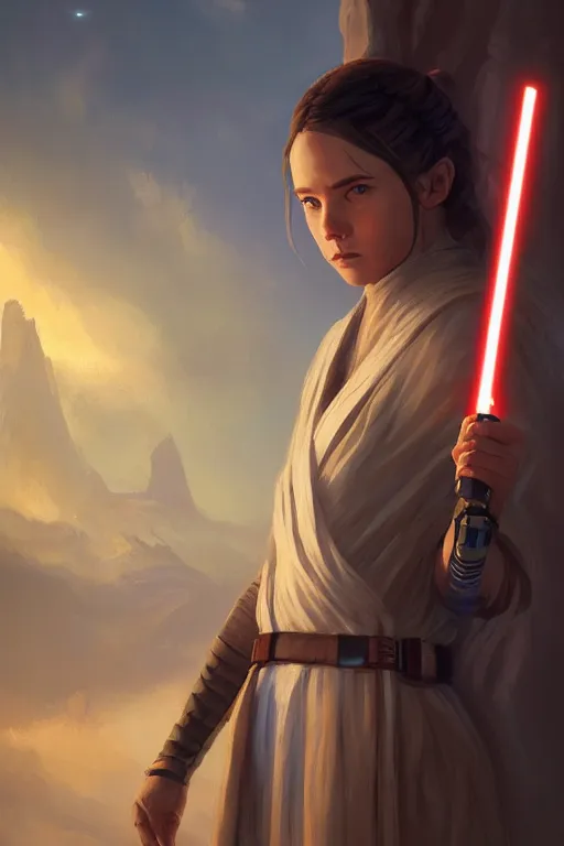 Image similar to a portrait of a cute young female jedi, star wars setting, vivid colors, soft lighting, atmospheric, cinematic, moody, in the style of artgerm and greg rutkowski, oil on canvas, 8 k