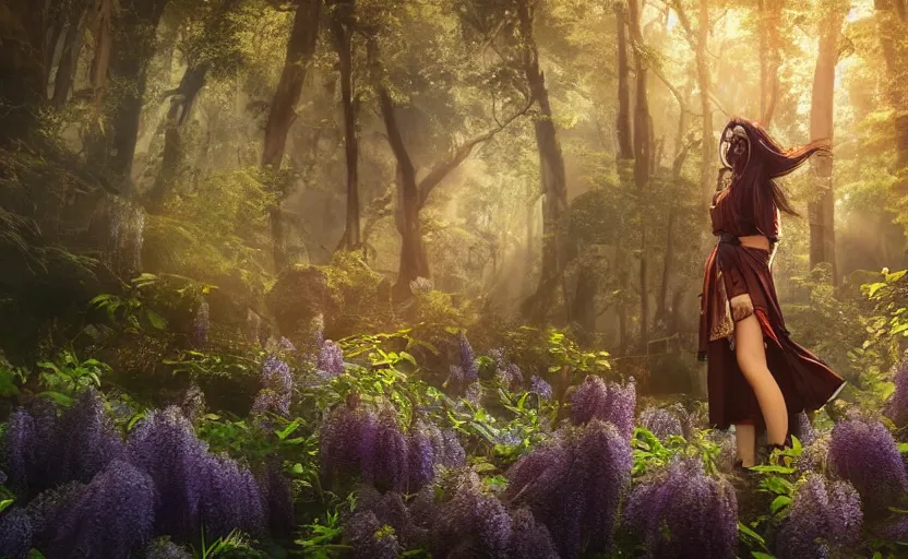 Image similar to beautiful Himalayan woman, sci-fi tibetan fashion, brown hair, somber, scene of a summer forest with glowing blue wisteria, dramatic light, wide angle, dramatic pose, dramatic angle , 8k hdr pixiv by Makoto Shinkai and Wojtek Fus