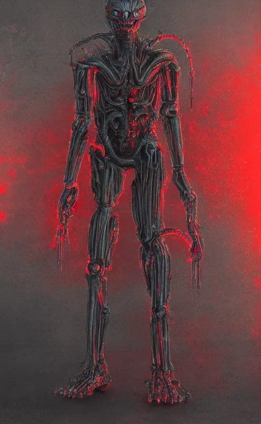 Prompt: full body portrait of chrome terminator, glowing red eyes, by wayne barlow, stanley donwood, anton semenov, zdzislaw bekinski, hr giger, 8 k, fantasy, dark, highly detailed