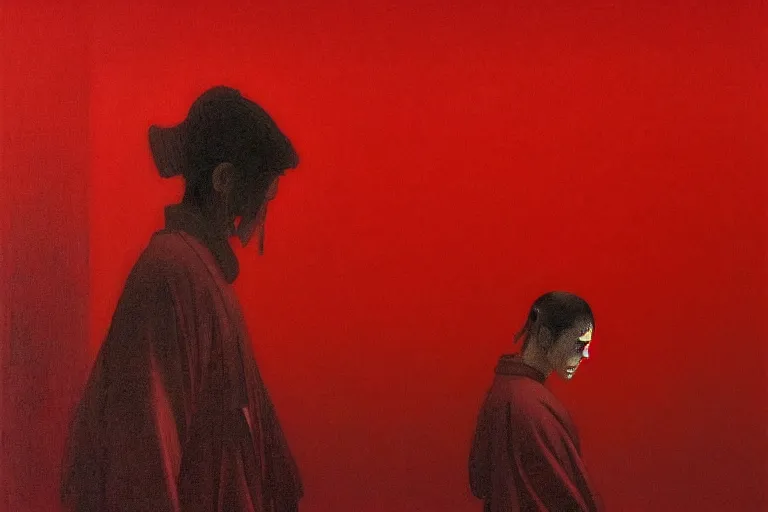 Image similar to only with red, a red samurai harakiri, tokio, a lot of frogs watch, in the style of beksinski, parts by edward hopper, parts by rodcenko, parts by yue minjun, intricate and epic composition, red by caravaggio, insanely quality, highly detailed, masterpiece, red light, artstation, 4 k