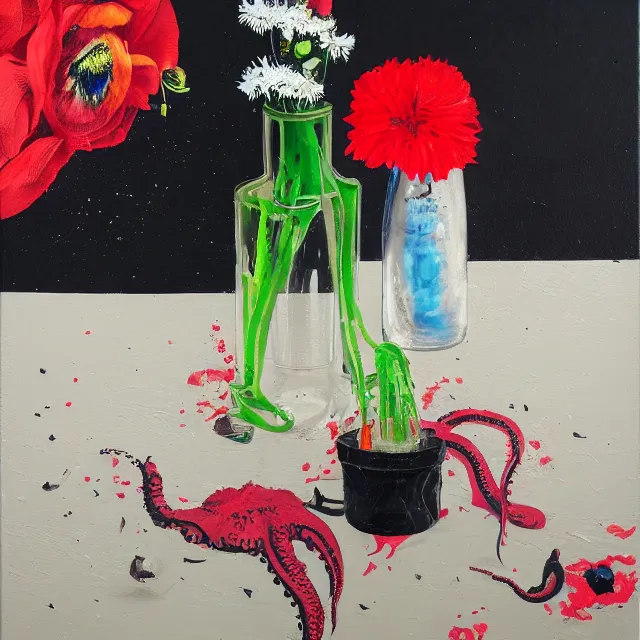 Image similar to empty room with black walls, sensual portrait of a woman, japanese vase, spilled flowers, puddle of water, octopus, squashed berries, neo - expressionism, surrealism, acrylic and spray paint and oilstick on canvas