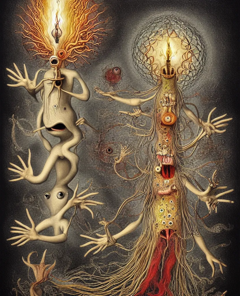 Image similar to whimsical freaky creature sings a unique canto about'as above so below'being ignited by the spirit of haeckel and robert fludd, breakthrough is iminent, glory be to the magic within, painted by ronny khalil