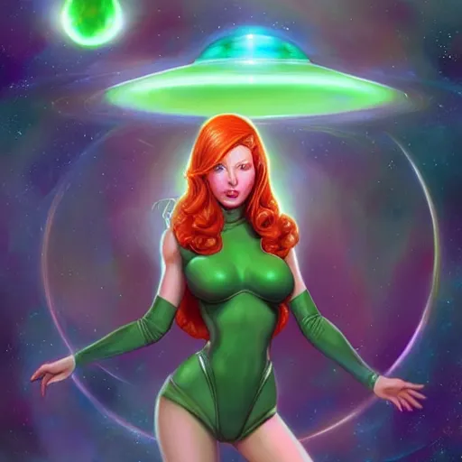 Image similar to Redhead Pleiadian alien human beautiful hybrid feminine woman, with stunning green eyes, cute symmetrical round face and a roundish nose, as a retro futuristic heroine, gorgeous digital painting, artstation, concept art, smooth, sharp focus, illustration, art by artgerm and donato giancola and Joseph Christian Leyendecker, Ross Tran, WLOP